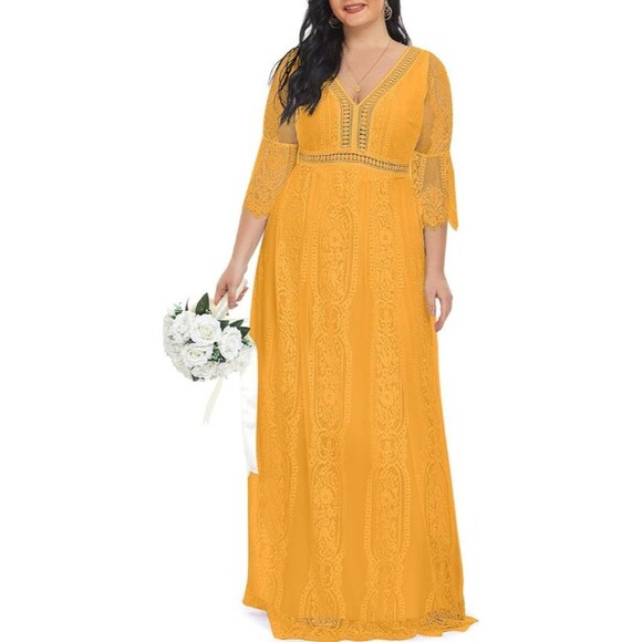 Womens Boho Maxi Floral Lace Boho Party Dress V Neck Flowy Long‎ Yellow Size 20 - Picture 5 of 16